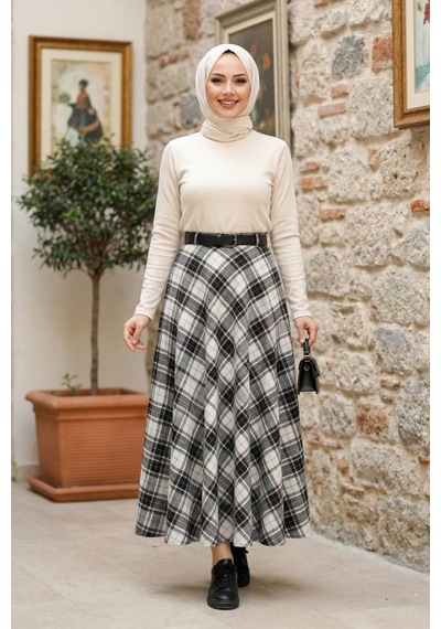 Hb Harma Time Butik Kadın Beyaz Ekose Desenli Etek Beyaz Beyaz