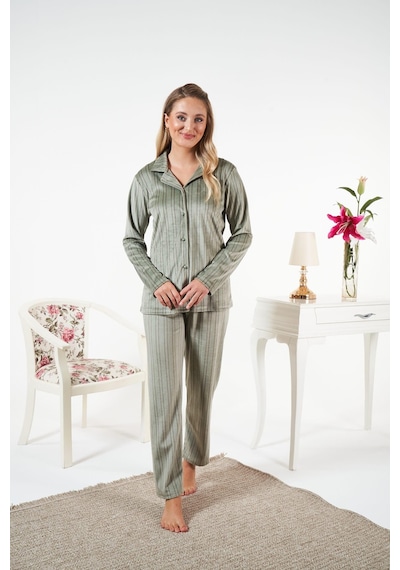 Relax Mode Kadın Yeşil Kadife Gömlek Pijama Takımı - 25364r