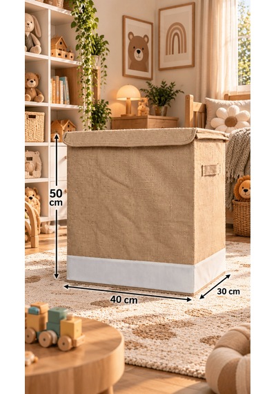 Beyaz Garnili Büyük Kapaklı Kutu 30x40x50 Cm Jüt Kumaş Katlanabilir Saklama Kutusu Bej