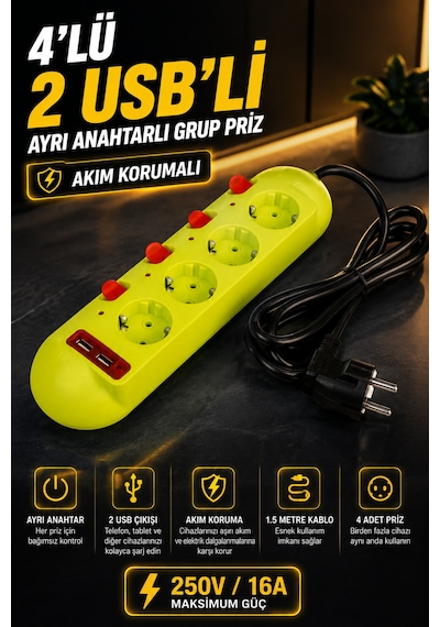 4'lü Grup Priz 2 Usb'li 1.5 Metre Ayrı Anahtarlı Akım Korumalı Uzatma Kablosu 16a 250v Ev Ofis Tipi