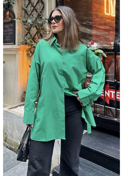 WeShaya Kadın Yeşil Basic Model, Gofre Kumaş, Salaş Gömlek Benetton