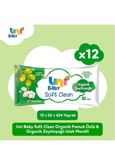Uni Baby Soft Clean Organik Pamuk Özlü & Organik Zeytinyağlı Islak Mendil 12x52 Adet UNI-9108