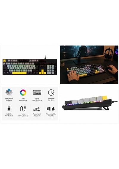 Kablolu Mekanik Gaming Klavye Rgb Aydınlatmalı Blue Switch Tam Boy Türkçe Q 26 Tuş Anti-ghosting