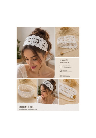 Bohem Stil El Örgüsü Saç Bandı Beyaz Beyaz