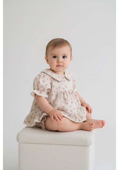 Babymuz Kız Bebek Çiçek Desenli Elbise Ve Külot İki Parça Bej