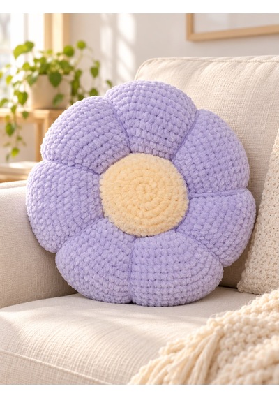 El Yapımı Örgü Çiçek Yastık Yumuşak Dokulu Dekoratif Papatya Kırlent 30 Cm Açık Mor