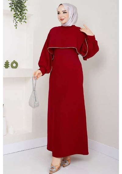 Neşeli Butik Kadın Likralı Taş Detaylı Tesettür Elbise Nms011 Bordo
