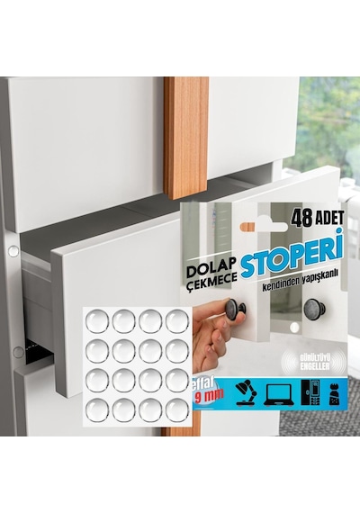 Yapışkanlı Dolap Çekmece Stoperi Kapak Ses Engelleyici 48adet-beyaz