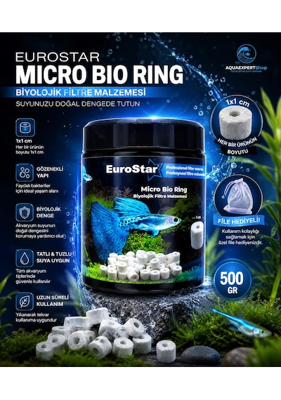 Eurostar Akvaryum Filtre Malzemesi - Micro Bio Ring - Üstün Bakteri Tutuşu - Özel Plastik Kutulu - File Hediyeli - 500 Gr