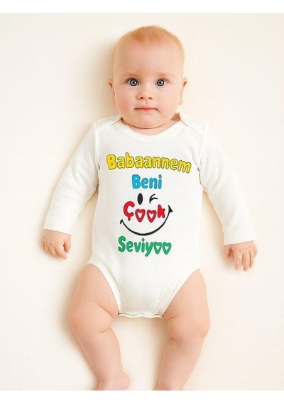 Zekids Bebek Babaannem Beni Çok Seviyor Yazılı Pamuklu Uzun Kol Çıtçıtlı Body-16095 Ekru