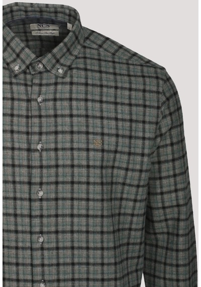 Erkek Gömlek Yeşil Uzun Kol Ekose Kareli Flanel Yün Tuşeli Slim Fit Düğmeli Yaka Shirt Ncs Jeans 7270-yeşil Yeşil