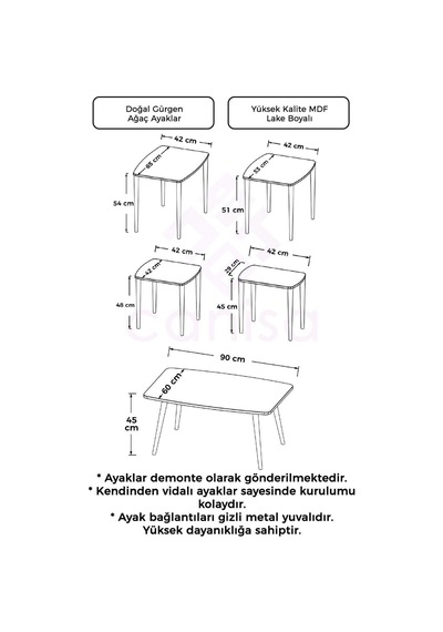 Canisa Lyon Serisi Beyaz 4'lü Mdf Ceviz Vernikli Zigon Sehpa Ve Orta Sehpa Takımı Ceviz Ayaklı Beyaz - Ceviz