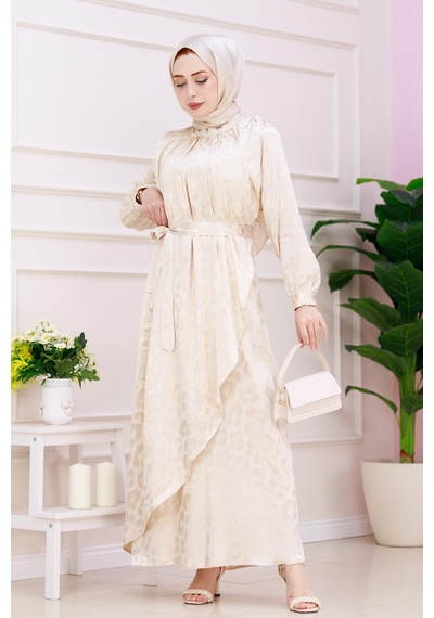Kat Detaylı Eflan Saten Abiye-bej-4837 Bej