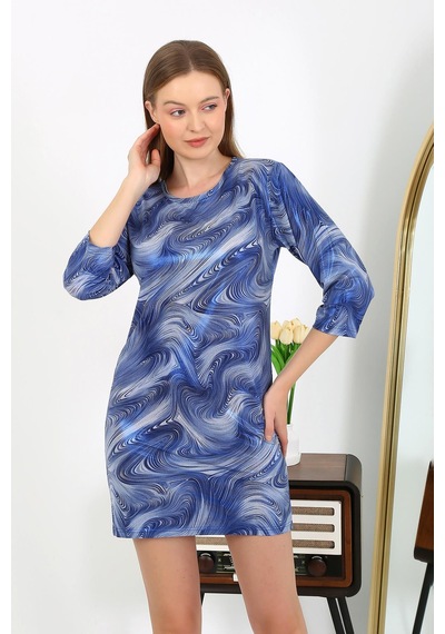 Modi Moda Çizgi Kadın Micro Kumaş Mini Parlak Elbise 7420 Mavi