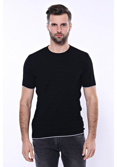 Yake Store Kendinden Desenli Örme Siyah Erkek Bisiklet Yaka T-shirt - Wessi - Siyah