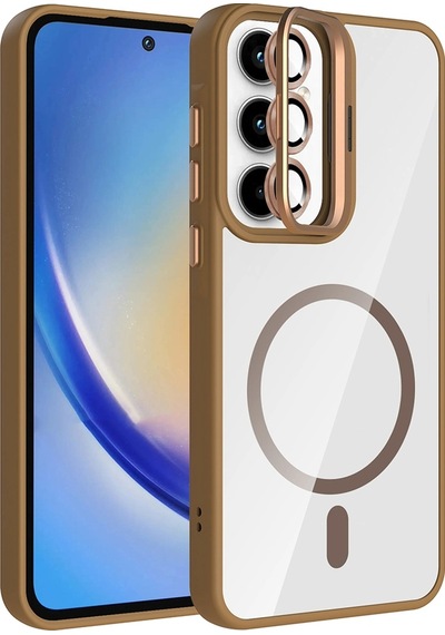 Samsung Uyumlu Galaxy A55 Kılıf Standlı Ve Kamera Lens li M-safe Şarj Özellikli Zore Etro Kapak Desert Titanyum