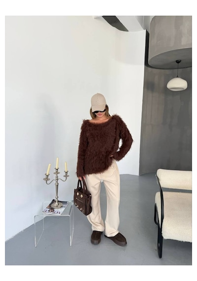 Kechi Woman Tüylü Triko Kazak Kahverengi