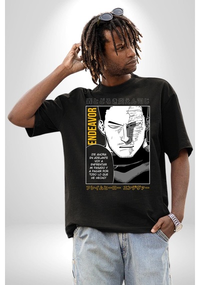 Enji Todoroki Manga Pamuklu Bisiklet Yaka Unisex Oversize Boyfriend Dijital Baskılı Siyah T-shirt Siyah