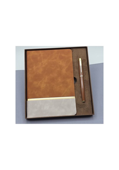 Kutulu Altın Şeritli Deri Defter Ve Kahverengi Metal Roller Kalem Set Evimdeyokyok