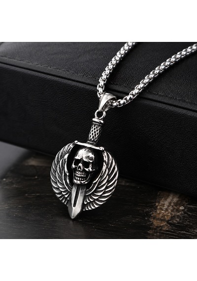 Paslanmaz Çelik Box Zincirli Gotik Tarz Darts Wings Kurukafa Kolye Gümüş