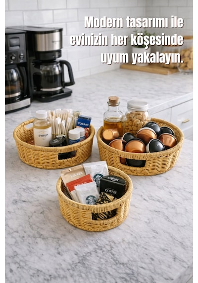 3'lü Yuvarlak Kulplu Hasır Sepet Seti - Çok Amaçlı Dekoratif Düzenleyici Kahverengi