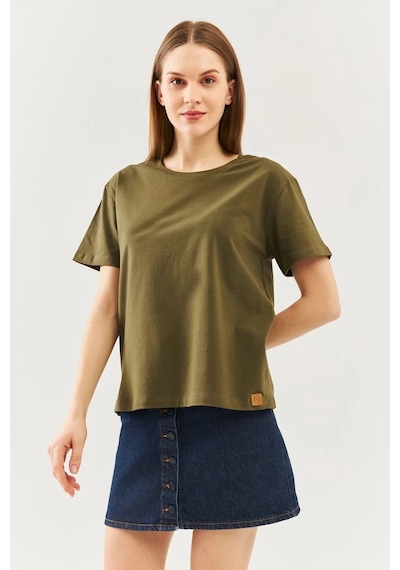 Kadın Rahat %100 Pamuklu Penye Bisiklet Yaka Kısa Kol Basic T-shirt Haki