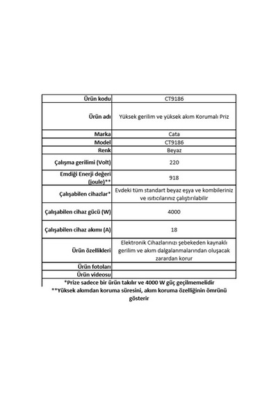 Cata Akım Korumalı Tekli Topraklı Priz  Ct - 9186  918 Joule