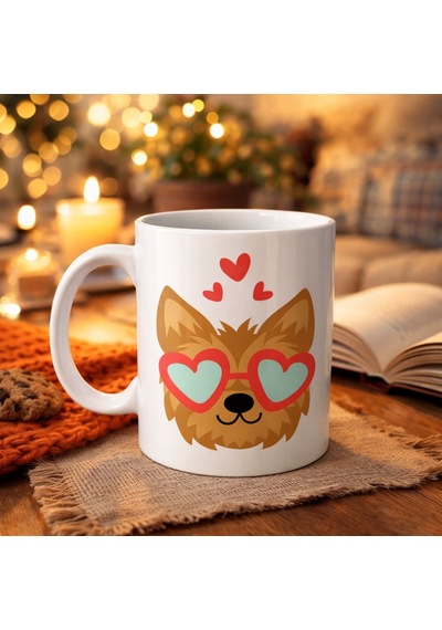 Sevimli Yorkshire Terrier Tasarımlı Porselen Kupa Model 49 Kalpli Gözlüklü Köpek Desenli,  K