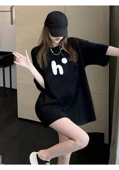 Unisex Siyah Oversize H. Baskılı Örme T-shirt Siyah