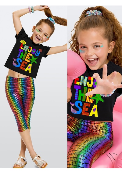 Denokids Renkli Varak Kız Çocuk Crop T-shirt Tayt Takım Çok Renkli