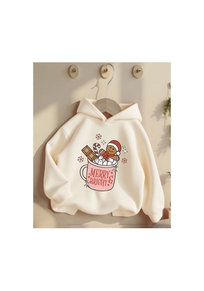 Herkesemoda Merry Bright Baskı Detaylı Kapüşonlu Sweatshırt Bej