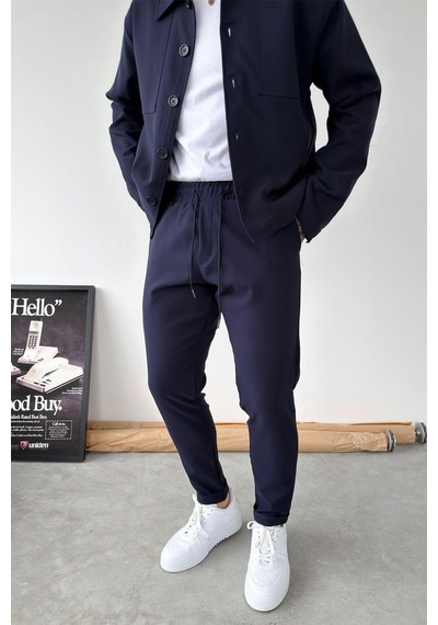Lacivert Basic Beli Lastikli Jogger Pantolon Lacivert