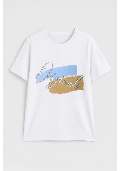 Kadın %100 Pamuk Bisiklet Yaka Baskılı Lacivert T-shirt Çok Renkli
