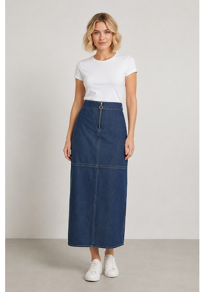 Bihan Store Önü Fermuarlı Yüksek Bel Denim Maxi Etek Y25-7581-mavi