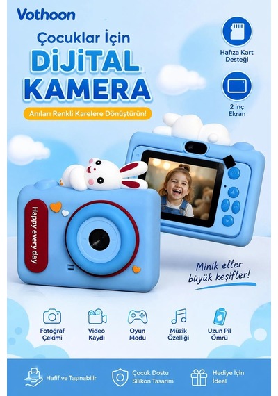 Mini Çocuk Kamerası 2 İnç Ekranlı Fotoğraf Video Çekimli Şarjlı Silikon Korumalı Dijital Kamera