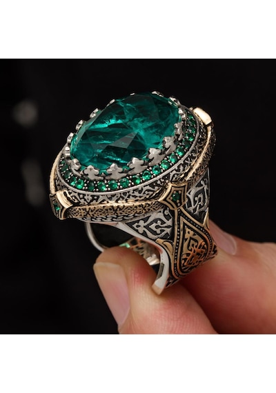 Yeşil Paraiba Taşlı Zorbey 925 Gümüş Erkek Yüzük