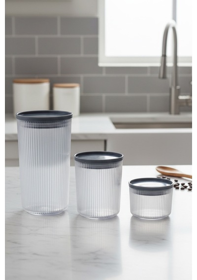3'lü Saklama Kabı Seti - Modern Yuvarlak Erzak Kapları Şeffaf
