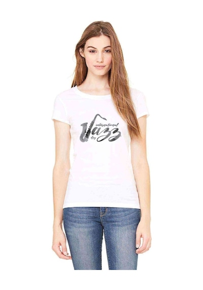 International Jazz Day Saksafon Baskılı Beyaz Kadın Tshirt