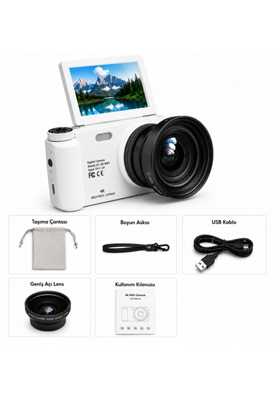 4k Wifi Dijital Fotoğraf Makinesi 0.45x Geniş Açı Lensli, Döner Ekranlı Kompakt Vlog Kamera