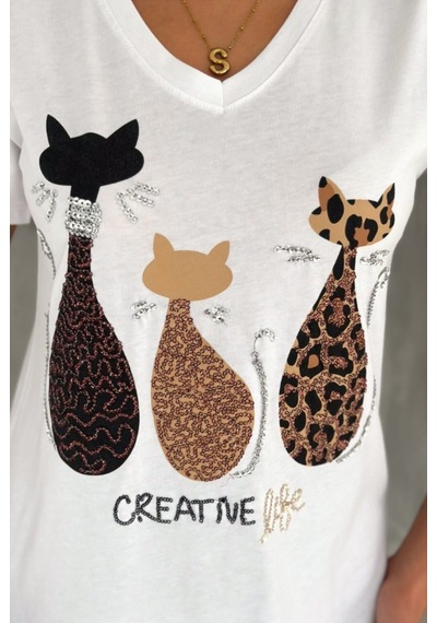 Cassime Kadın Beyaz V Yaka Kedi Leopar Pul Payet İşlemeli %100 Pamuk Tişört Büyük Beden Xl-2xl-3xl Cassime Kadın Beyaz V Yaka Kedi Leopar Pul Payet İşlemeli %100 Pamuk Tişört Büyük Beden Xl-2xl-3xl