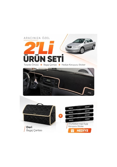 Toyota Corolla E130 2000-2006 Uyumlu Torpido Örtüsü + Deri Bagaj Çantası + Sticker - Siyah Bej