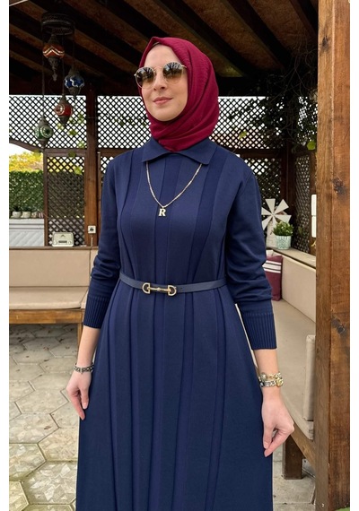 Rabia Şamlı Biricik Kemerli Triko Elbise Lacivert Normal