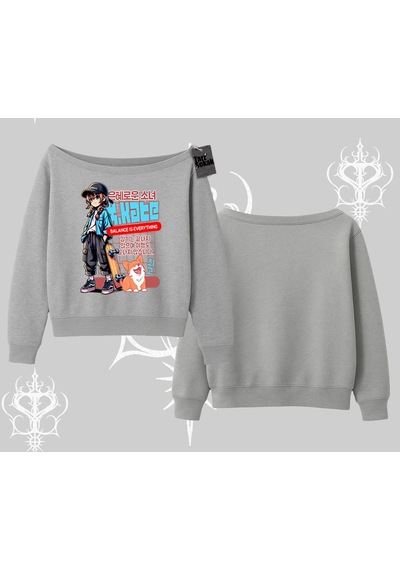 Startmore Kayık Yaka Sweatshirt Anime Hiker Girl Balance Is Everything Baskılı Gri