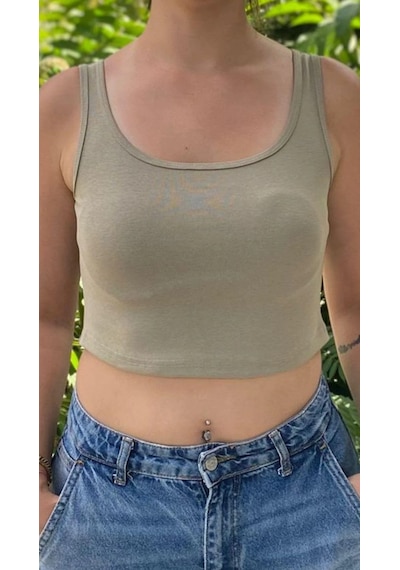 Afri Kadın Haki Basic Ribana Atlet Crop Likralı Spor Üst Haki