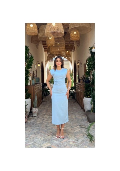 Moda Banuş Taş Baskılı Slim Fit Vatkalı Uzun Mavi Elbise