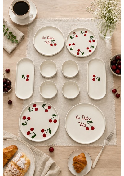 Vita Cherry 10 Parça 4 Kişilik Kahvaltı Takımı Lüx Kahvaltılık Sunum Seti Tabağı & Pasta Sunum Tabağı Beyaz