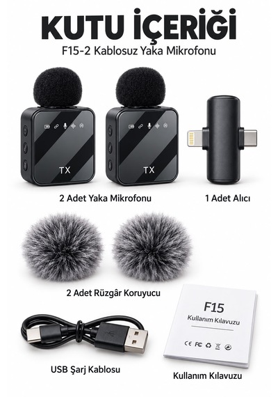 F15-2 Kablosuz Çift Yaka Mikrofonu Kablosuz Bağlantı Kıskaçlı Canlı Yayın Röportaj Vlog 20 Metre Menzil Net Ses Yğksek Hassasiyet Type-c Ve Lightning Uyumlu 48 Saat Pil Ömrü