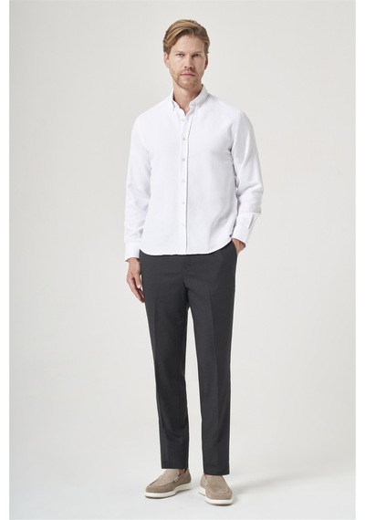 İmza Beyaz Düğmeli Yaka Uzun Kol Cepsiz Slim Fit Pamuklu Gömlek 1004260203
