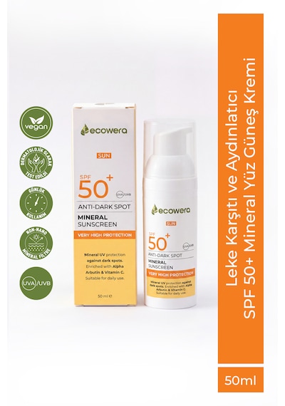 Ecowera Anti-Dark Spot SPF 50+ Leke Karşıtı ve Aydınlatıcı Mineral Güneş Kremi 50 ML