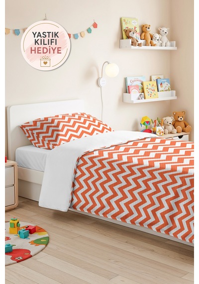 Turuncu Zigzag Geometrik Genç Odası Tek Kişilik Pike Takımı - Modern Chevron 160x220 Cm Yatak Örtüsü Mumlu Duman Kıyımı